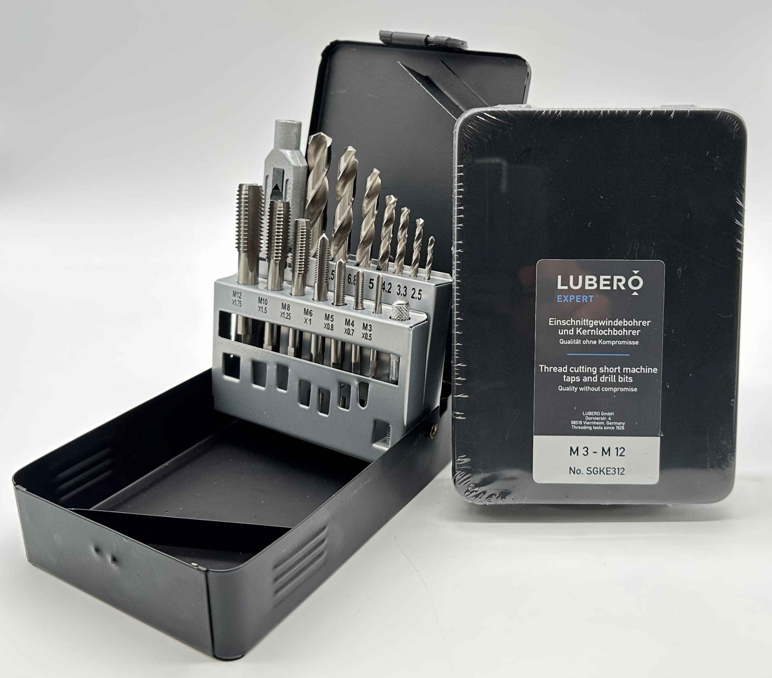 FHGKE312 LUBERO Sortiment | Einschnittgewindebohrer M 3 - M 12 RH ISO2/6H HSS-G Form C gerade DIN 352 | Kernlochbohrer | Typ UNI